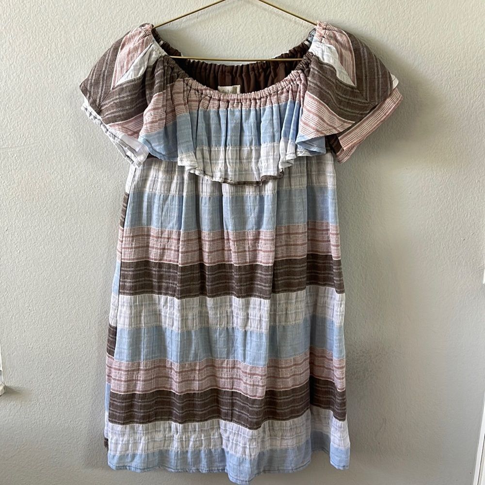 Altar’d State Womens Ruffle off Shoulder Stripe Mini Dress Size Small Neutral